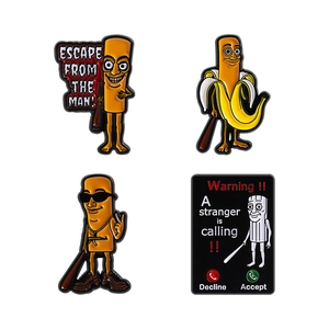 Funny cartoon banana man and escape warning enamel pins set for jackets and bags