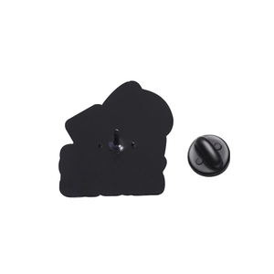 Detail view of the black enamel pin back with secure rubber clutch and metal pin