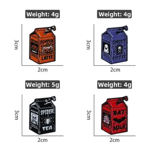Detailed view of Halloween enamel pins with dimensions 3x2cm and weight 4-5g specs