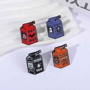 Funny Halloween drink box enamel pins featuring ghost, bat, and pumpkin designs