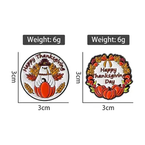 Thanksgiving metal pins featuring colorful turkey, pumpkin and maple leaf designs