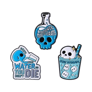 Three-piece set of blue skull themed enamel pins for hydration creative clothing decor