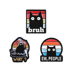 Three-piece black cat enamel pin set with humorous quotes for clothing and bags