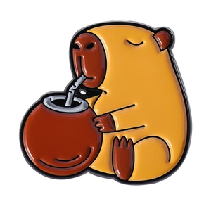 Cute cartoon Capybara enamel pin made of zinc alloy drinking tea for backpack decor