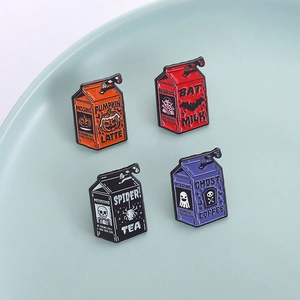 Halloween punk milk carton enamel pins featuring pumpkin, ghost, bat and spider designs