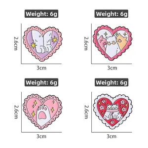 Set of four cute heart-shaped cat enamel pins with dimensions and weight specs