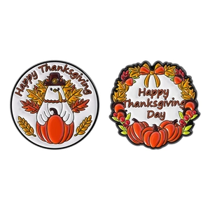 Cute Thanksgiving enamel pins set featuring a cartoon turkey, pumpkin and autumn leaf wreath