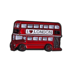 Red London double-decker bus enamel brooch pin featuring I Love London text on white base