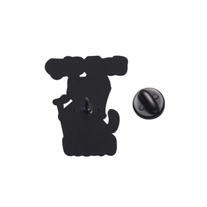 Detail of enamel pin back showing matte black nickel finish and rubber clutch fastening
