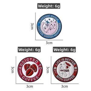 Lot de 3 épingles en émail thème café avec animaux mignons et grains de café, 3 cm de large