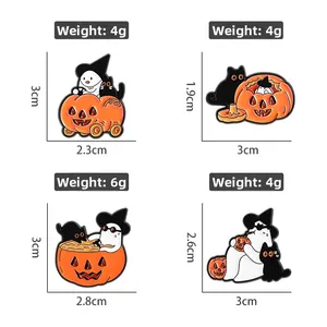 Set of 4 creative Halloween enamel pins featuring ghost, pumpkin car, and black cat designs