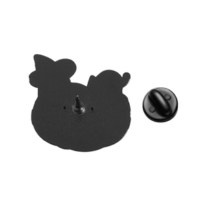 Detail view of the black rubber clutch and metal pin back for Halloween enamel badges