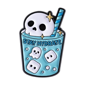 Blue enamel pin with skull cup and ghost design featuring Stay Hydrated text