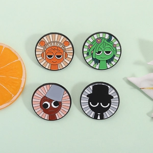 Set mit vier Sprunki-Emaille-Pins mit bunten Charakteren auf grünem Hintergrund