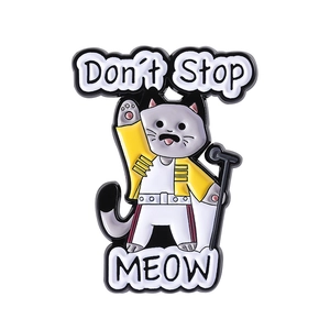 Freddie Mercury cat enamel pin in yellow jacket with Don't Stop Meow text design