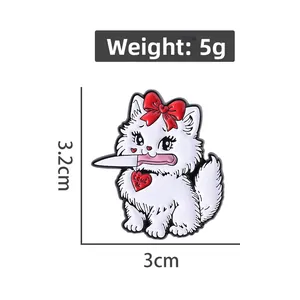 Cute white cat enamel pin with red bow and knife, creative animal brooch for women
