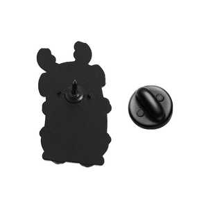 Detail view of the black enamel pin back with durable rubber clutch for secure fastening
