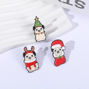 Dreiteiliges Weihnachts-Emaille-Anstecknadel-Set mit Mops, Rentier und Weihnachtsmann