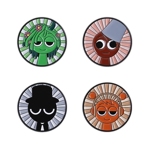 Set mit vier bunten Cartoon-Emaille-Pins in geometrischer runder Form für Kleidung