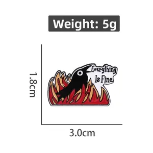 Detailed dimensions and weight of the funny crow enamel pin with fire design