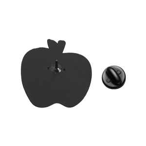 Detailed back view of an apple-shaped metal badge with needle and black rubber clutch
