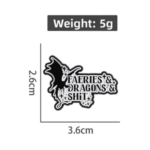 Creative black and white enamel pin featuring a dragon silhouette and dragon text design