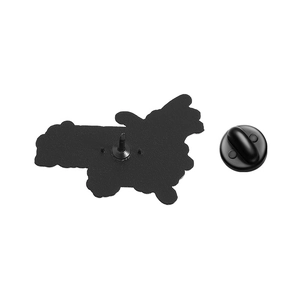Detailed back view of enamel pin with secure black rubber clutch on white background