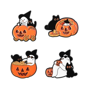 Set of four Halloween enamel pins featuring ghosts, black cats, and pumpkins on white background