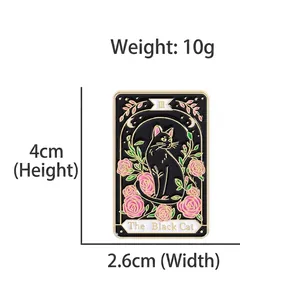 Creative Tarot style enamel brooch featuring a black cat and roses with metal frame