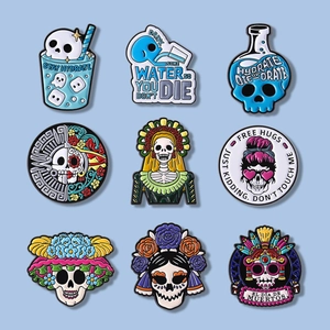 Mexican Day Of The Dead Art Skull Enamel Brooch Pin Alloy Floral Skeleton Lapel Pins For Halloween Party Gothic Jewelry Gift Unisex