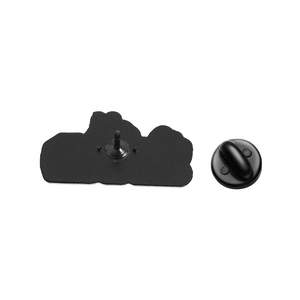 Detail view of black metal brooch back with secure rubber butterfly pin backing