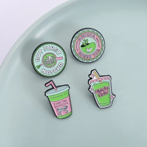 Set of 4 Matcha theme cartoon enamel pins with green and pink tea cup designs