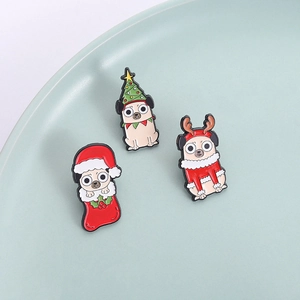 Three-piece Christmas pug enamel pin set featuring reindeer and Santa hat designs