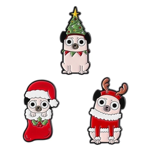 Three-piece Christmas pug enamel pin set with reindeer antlers and festive sock designs
