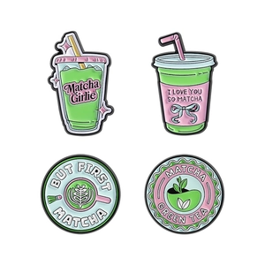 Set of 4 creative matcha drink enamel pins featuring cute green beverage designs