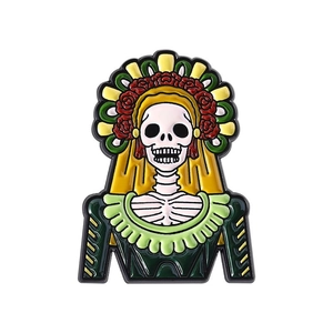 Day of the Dead skeleton enamel pin with red roses and green attire for Halloween