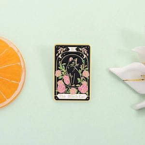 Tarot style black cat and pink rose enamel pin badge with gold plating finish