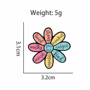 Emaille-Sonnenblumen-Brosche mit Text und Größenangaben von 3,1 cm x 3,2 cm