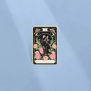 Vintage Black Cat Tarot Enamel Brooch Zinc Alloy Pink Rose Badge Pin For Clothes Bags Gothic Mystical Jewelry Accessory Gift
