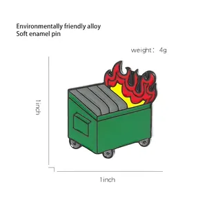 Emaille-Anstecknadel Müllcontainer-Brand aus grüner Legierung mit rot-gelben Flammen