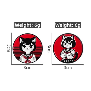 Detailed view of 3cm round enamel cat girl badges showing dimensions and 6g weight