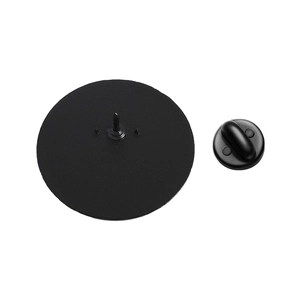 Detail of matte black pin back with butterfly clutch fastener for cartoon badges