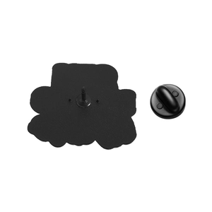 Rear view of black metal enamel pin featuring a secure rubber clutch and sharp fastener