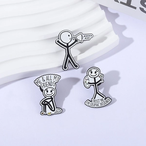 Minimalist stickman enamel pins set with humorous quotes in black and white finish