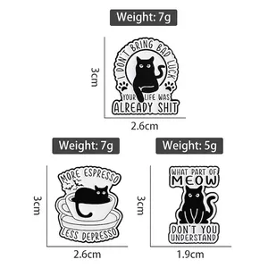 Three creative black cat enamel pins with humorous text and precise product dimensions