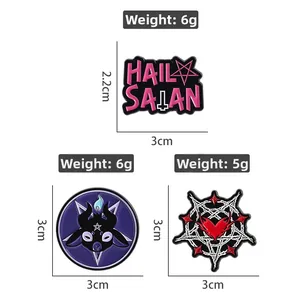 Gothic metal enamel pins set featuring goat head pentagram and Hail Satan heart designs