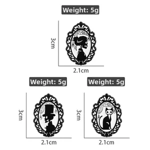 Gothic Victorian silhouette pins featuring skeleton heads and black cat with size markings