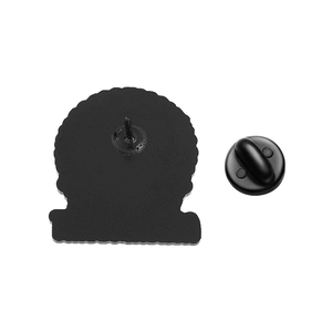 Detail of the black metal cat brooch back with a secure rubber clutch fastener