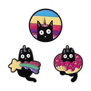 Three-piece black cat enamel pins set with rainbow unicorn stars and donut designs