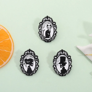 Dark Gothic Vintage Frame Brooches Alloy Enamel Skeleton Cat Silhouettes Pin Badges Halloween Party Costume Jewelry Gift